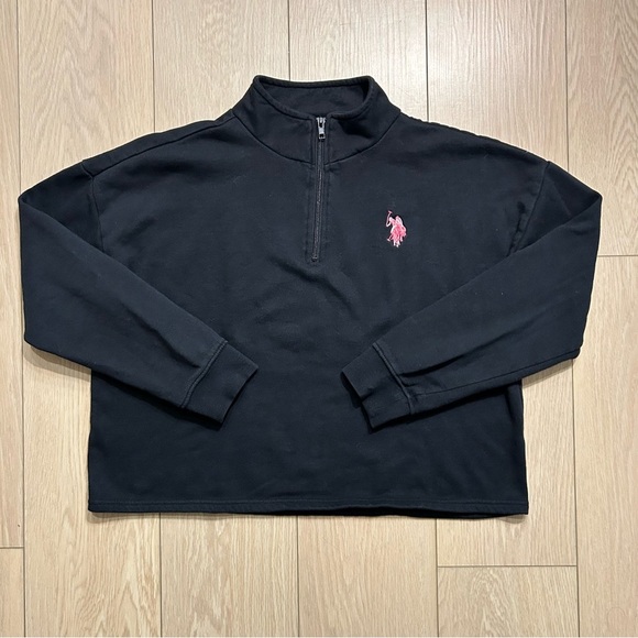 U.S. Polo Assn. Women's Black Cropped Quarter Zip Fleece Pullover Hoodie - Picture 3 of 9